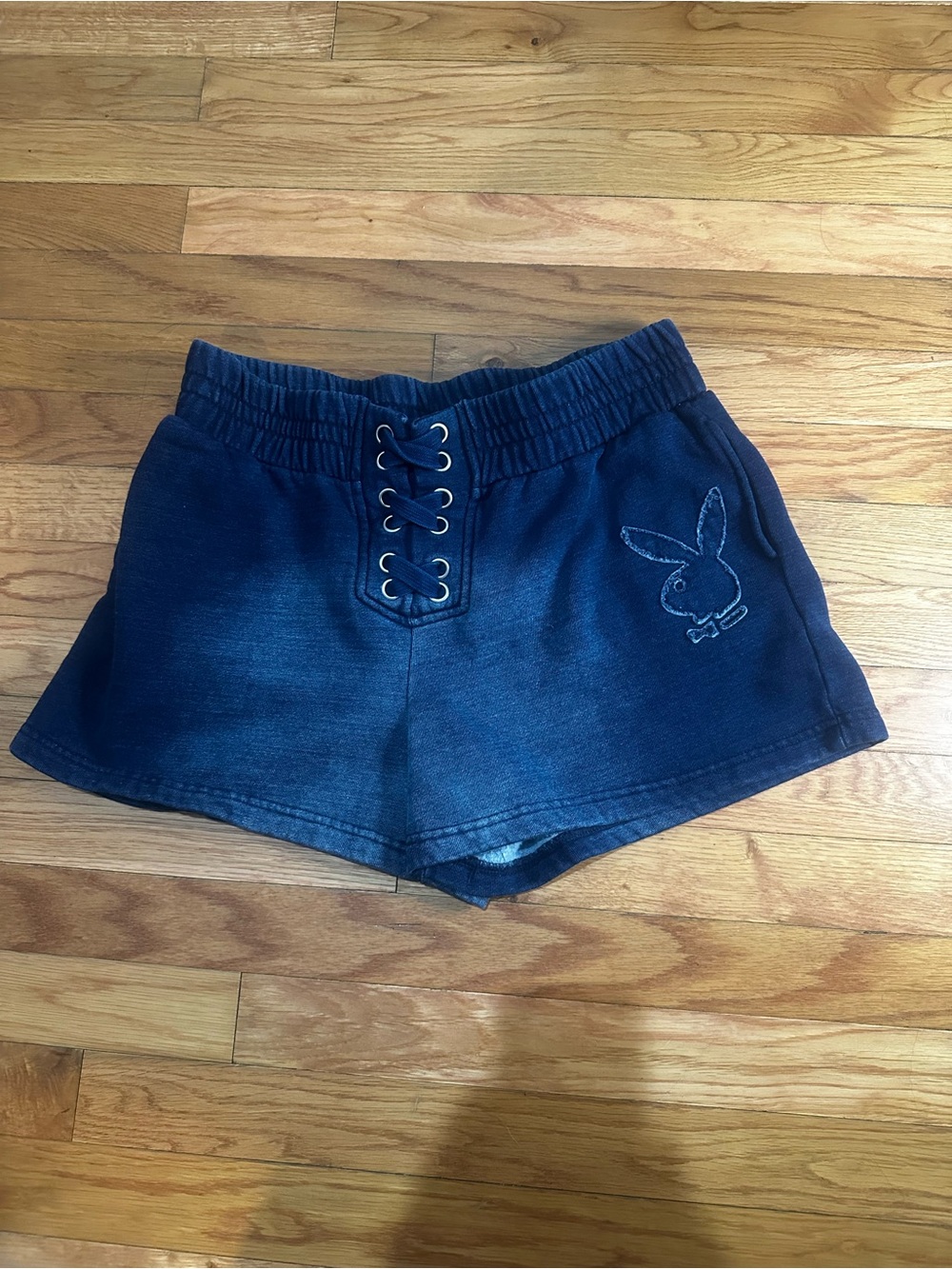 Playboy Fray Boy Lace-up Shorts Blue Bunny Logo Soft Pockets Elastic Waist Small